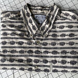 Columbia Sportswear short sleeve button down shirt, taupe w stripe/fish motif